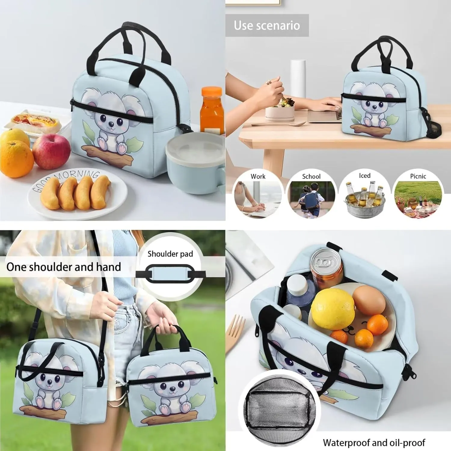 Blue Koala Backpack for School Boys 4th Grade Girls Backpack with Lunch Box with Adjustable Shoulder Strap Cute Reading Bookmark and Pencil Box 4Pcs Sets for Kids/Toddler