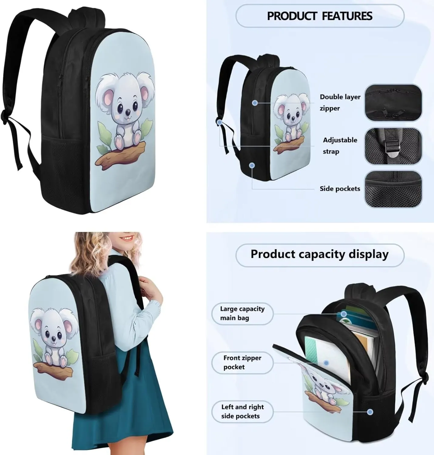 Blue Koala Backpack for School Boys 4th Grade Girls Backpack with Lunch Box with Adjustable Shoulder Strap Cute Reading Bookmark and Pencil Box 4Pcs Sets for Kids/Toddler