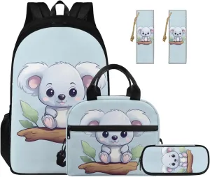 Blue Koala Backpack for School Boys 4th Grade Girls Backpack with Lunch Box with Adjustable Shoulder Strap Cute Reading Bookmark and Pencil Box 4Pcs Sets for Kids/Toddler
