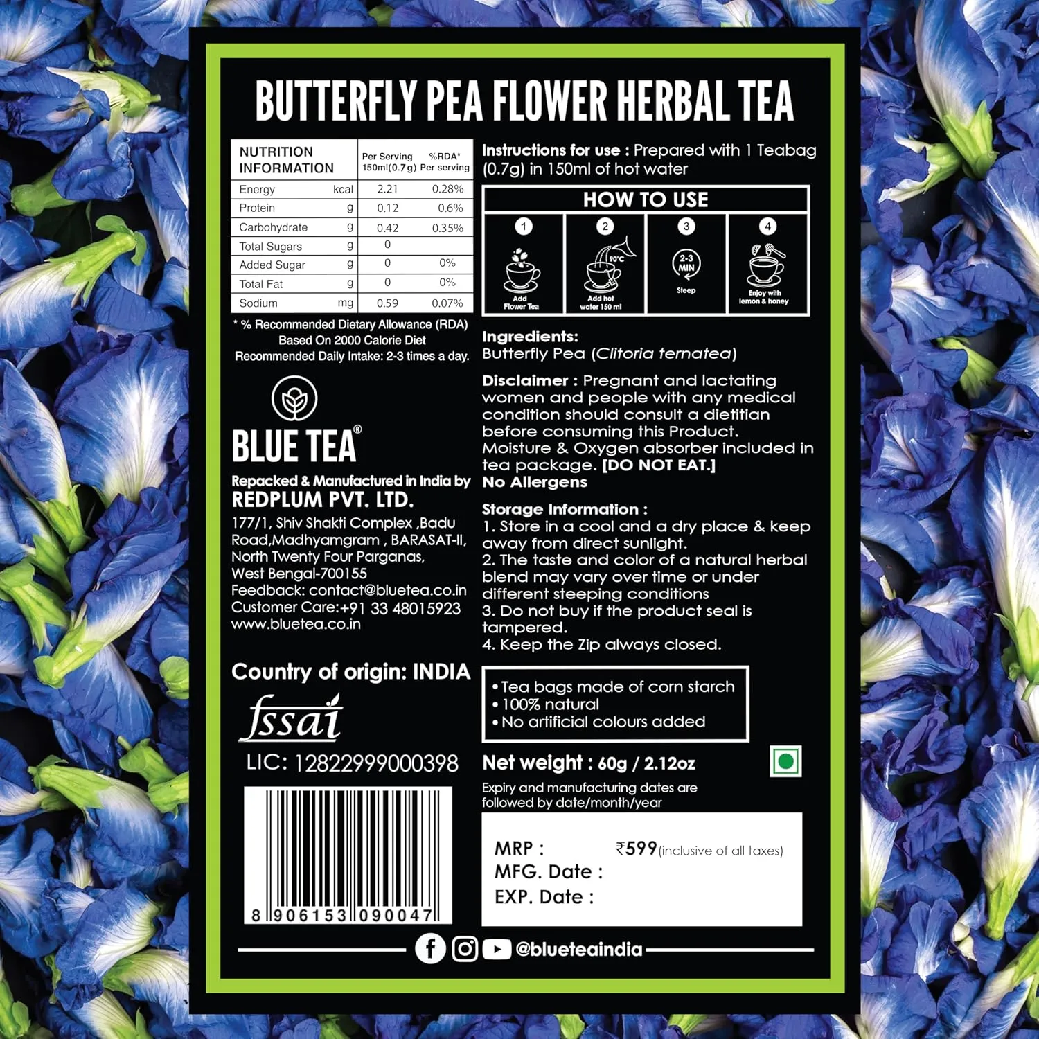 BLUE TEA - Butterfly Pea Flower Tea - 2.11 Oz (120  Cups) | ANTIOXIDANT RICH | Chemical Free - Herbal Tea - Caffeine free - Non Bitter - No Preservatives - Non-GMO | Zipper Pack