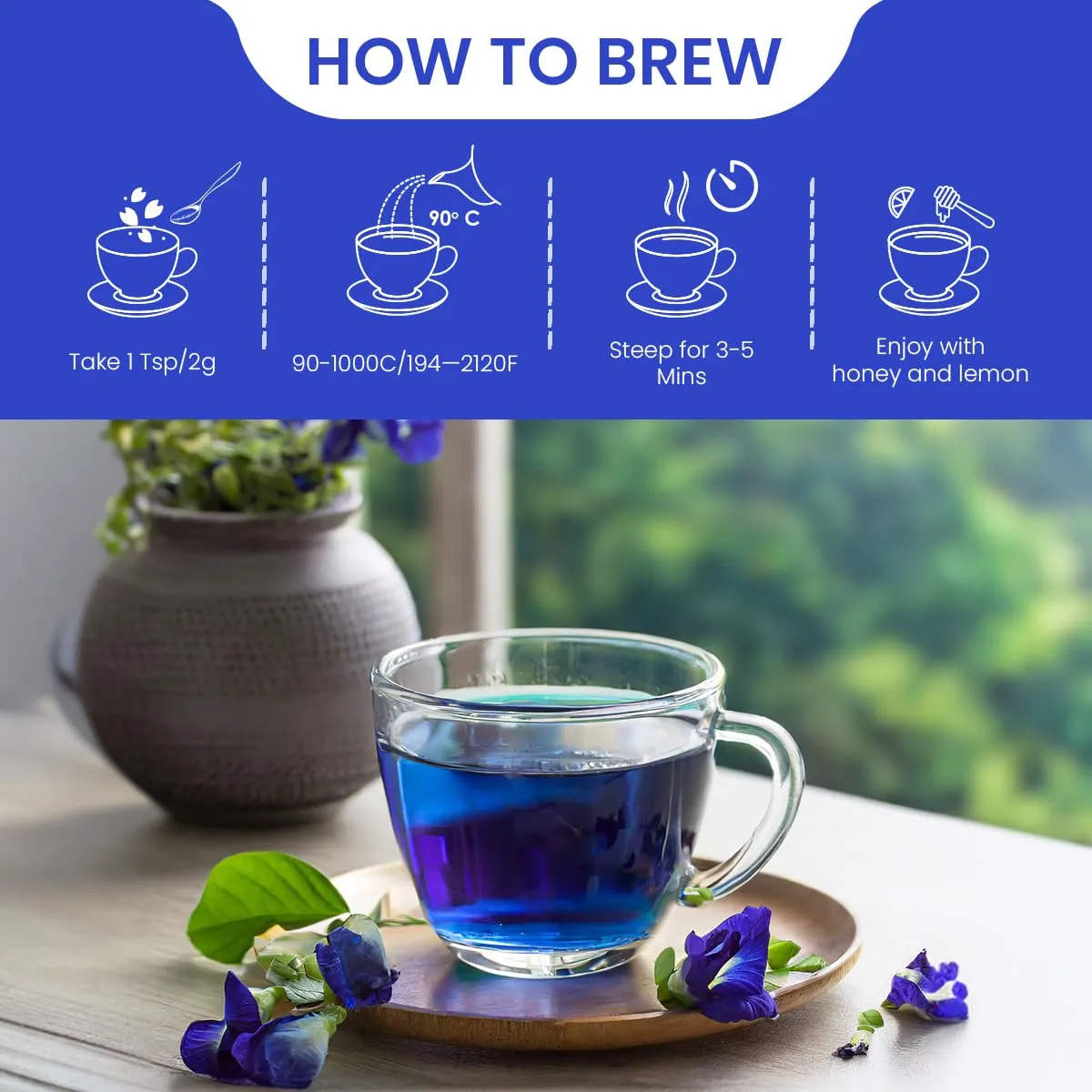 BLUE TEA - Butterfly Pea Flower Tea - 2.11 Oz (120  Cups) | ANTIOXIDANT RICH | Chemical Free - Herbal Tea - Caffeine free - Non Bitter - No Preservatives - Non-GMO | Zipper Pack