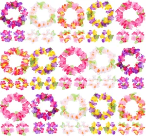 Blulu 18 Set Hawaiian Flower Leis Headbands and Bracelets, Luau Party Favors, Colorful Tropical Silk Flower Leis, Birthday Wedding Beach Decorations