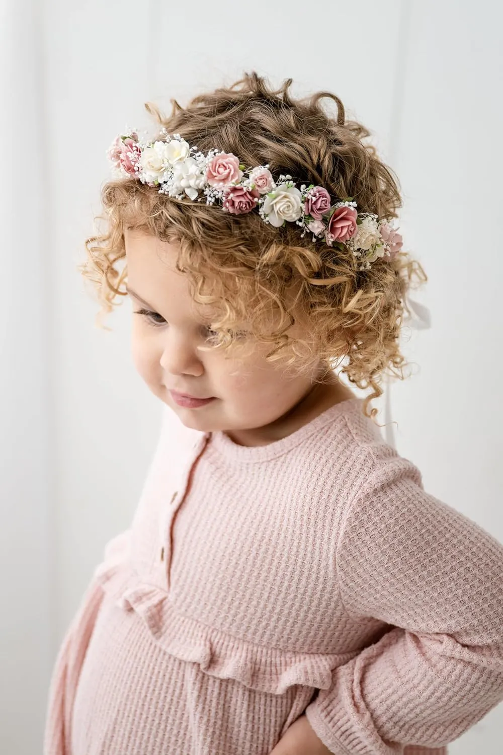 Blush Pink Flower Girl Crown with Baby's Breath Headpiece Young Girl Floral Hair Wreath Rustic Wedding Hair Accessories Headband for Child(43cm length)