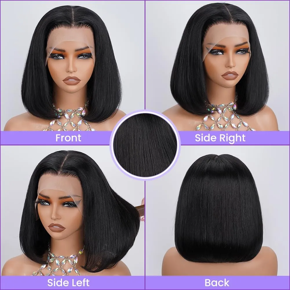 Bob Wig Human Hair 13x4 HD Frontal Lace Wigs for Black Women Glueless Short Straight Bob Lace Front Wigs Human Hair Pre Plucked with Baby Hair 180% Density Natural Color 10 Inch