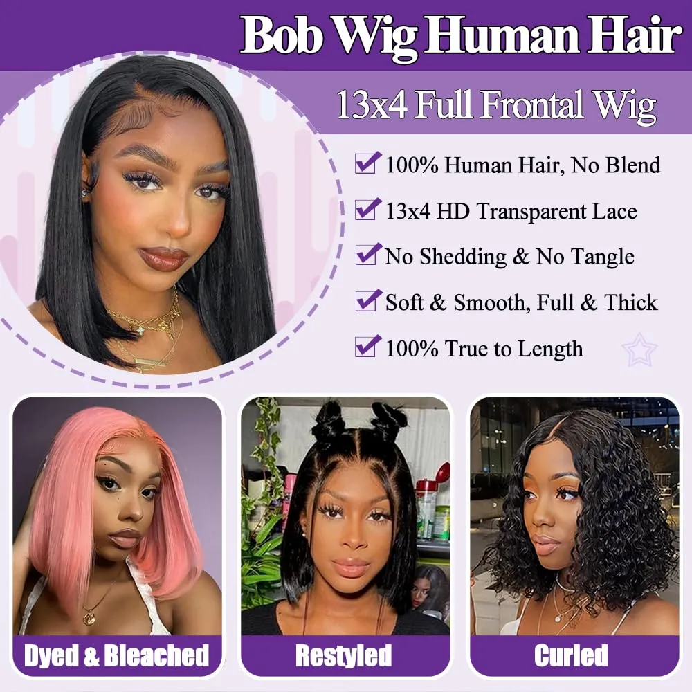Bob Wig Human Hair 13x4 HD Frontal Lace Wigs for Black Women Glueless Short Straight Bob Lace Front Wigs Human Hair Pre Plucked with Baby Hair 180% Density Natural Color 10 Inch