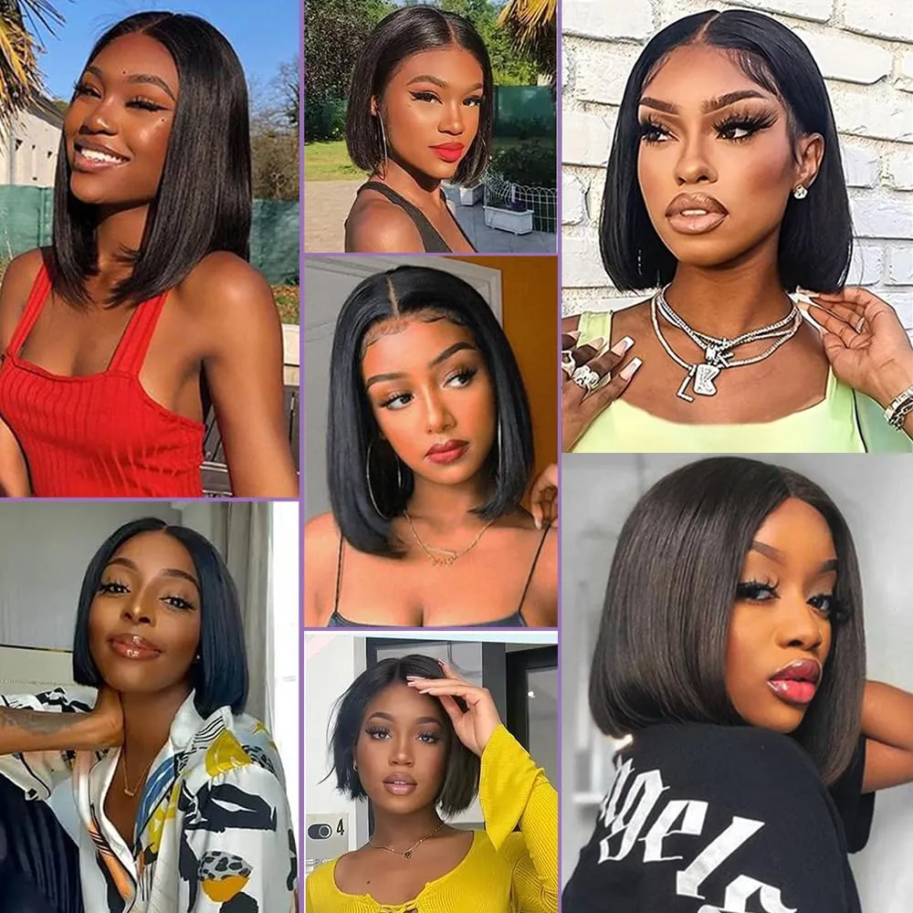 Bob Wig Human Hair 13x4 HD Frontal Lace Wigs for Black Women Glueless Short Straight Bob Lace Front Wigs Human Hair Pre Plucked with Baby Hair 180% Density Natural Color 10 Inch