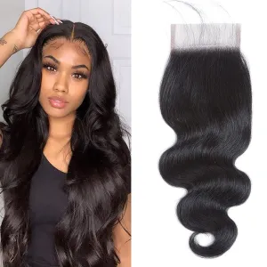 Body Wave Lace Top Closure Brazilian Human Hair Body Wave 4x4 Free Part Swiss Lace With Baby Hair Natural Black Color (10inch)