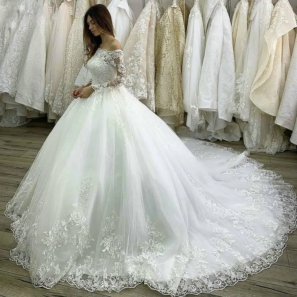 BOLENSYE Elegant Lace Wedding Dresses Long Sleeve for Women Off The Shoulder Puffy Tulle Bridal Gown