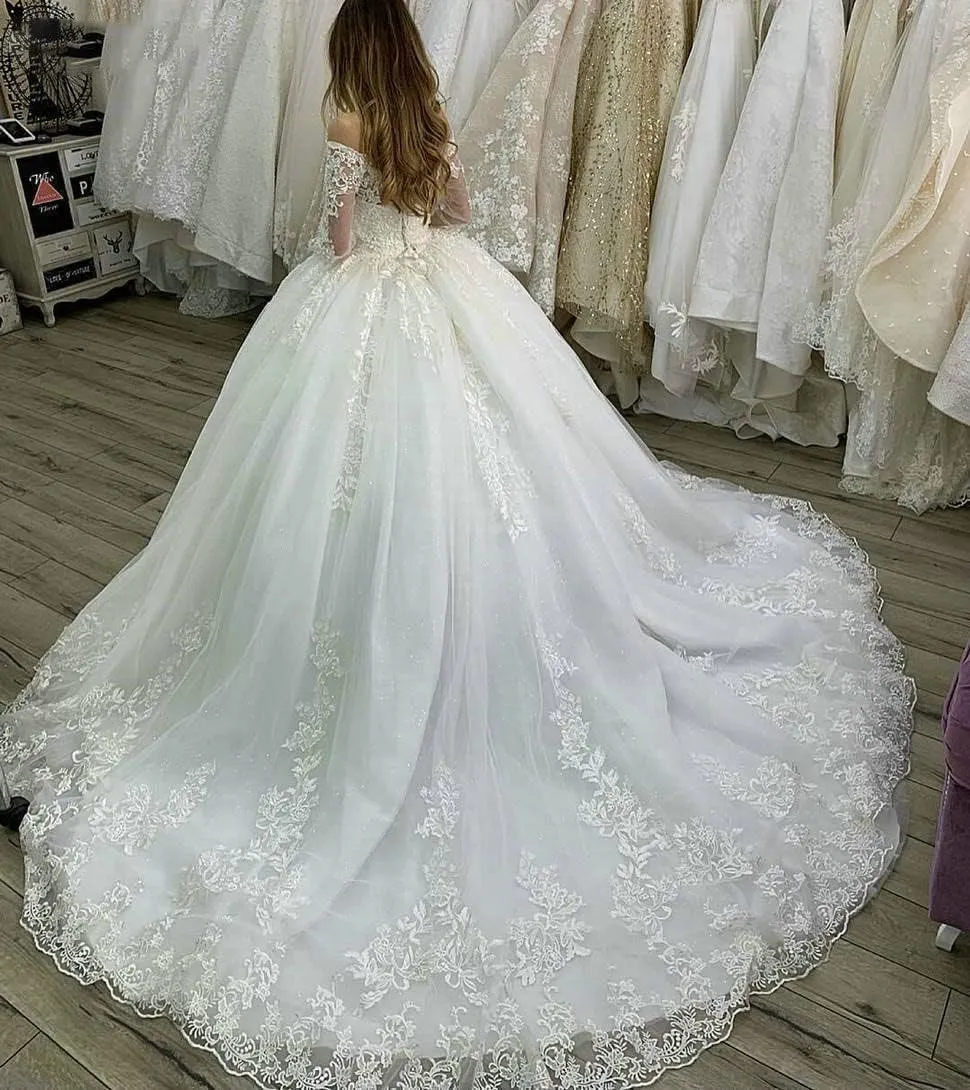 BOLENSYE Elegant Lace Wedding Dresses Long Sleeve for Women Off The Shoulder Puffy Tulle Bridal Gown