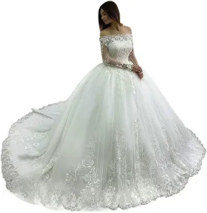 BOLENSYE Elegant Lace Wedding Dresses Long Sleeve for Women Off The Shoulder Puffy Tulle Bridal Gown