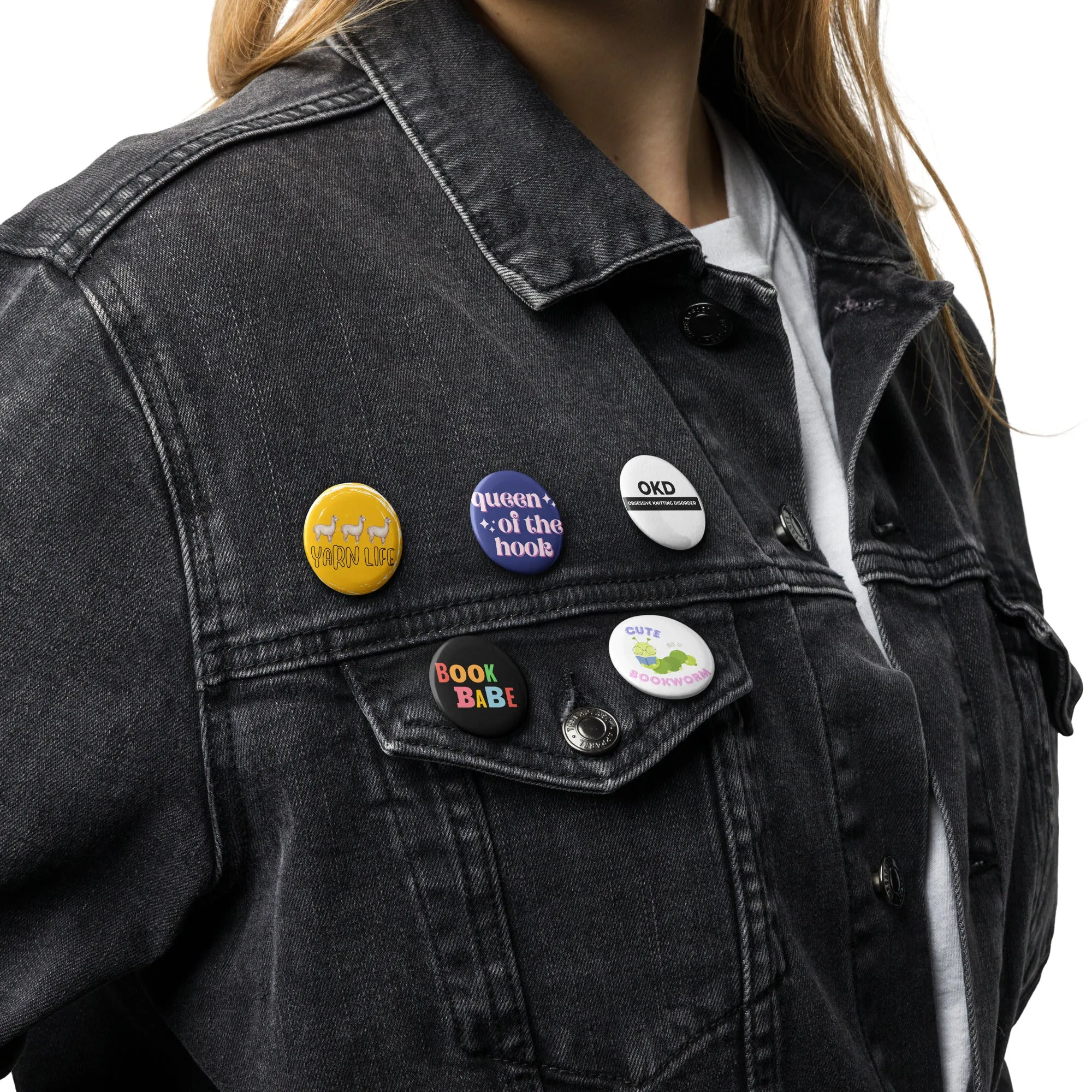 Book Lover & Knitting Pin Set - 5 Funny Crafting Buttons for Project Bags, Totes, and Crochet Pouches