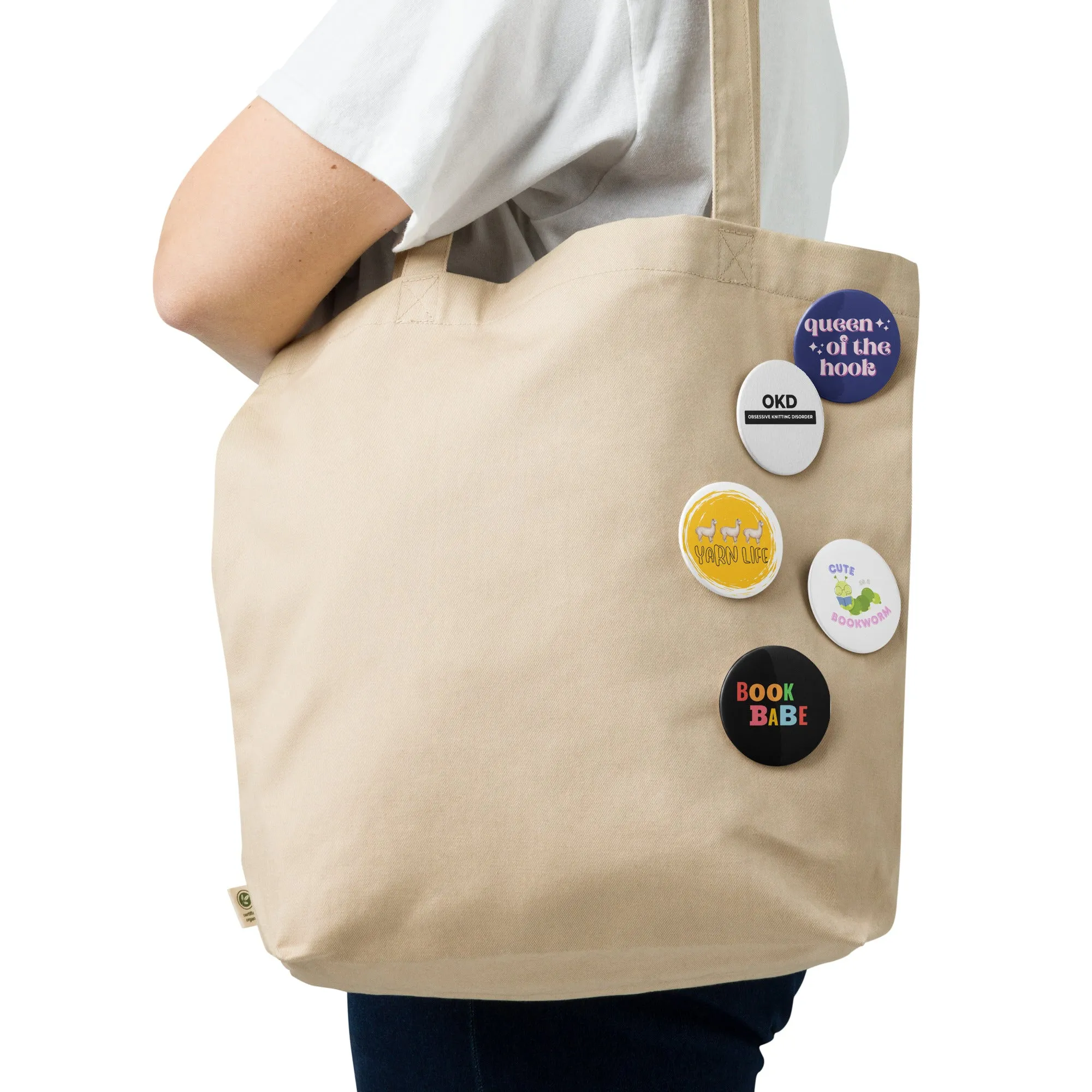 Book Lover & Knitting Pin Set - 5 Funny Crafting Buttons for Project Bags, Totes, and Crochet Pouches
