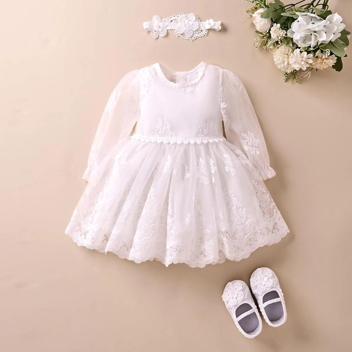 Booulfi Baptism Dresses for Baby Girls Infant Lace White Baby Dress Christening Baby Girl Outfit 3 Pcs Set