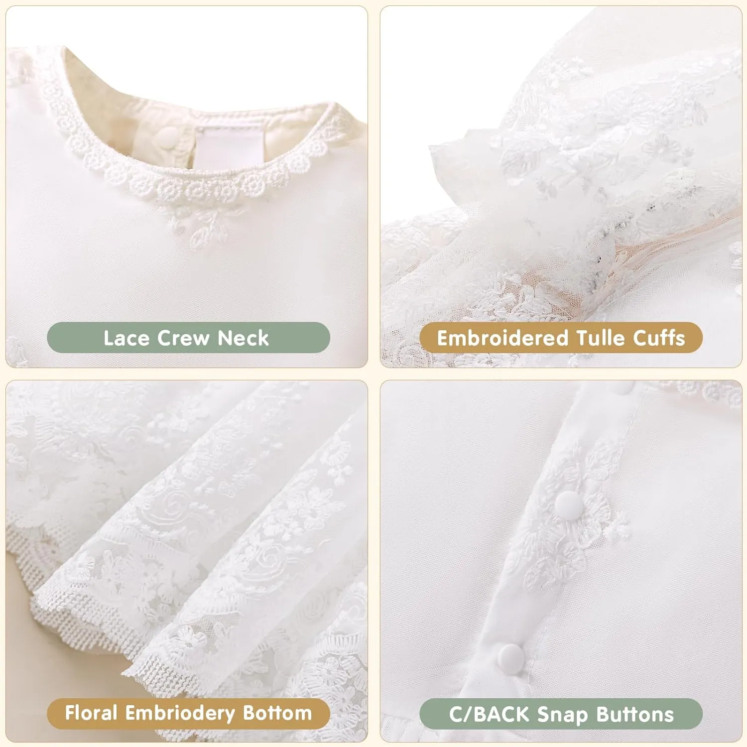 Booulfi Baptism Dresses for Baby Girls Infant Lace White Baby Dress Christening Baby Girl Outfit 3 Pcs Set