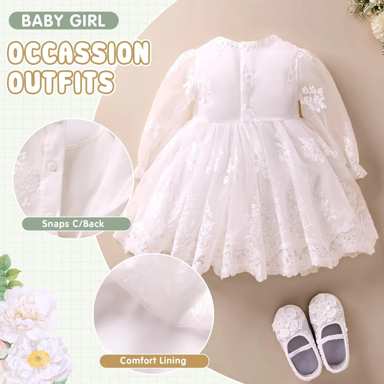 Booulfi Baptism Dresses for Baby Girls Infant Lace White Baby Dress Christening Baby Girl Outfit 3 Pcs Set