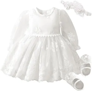 Booulfi Baptism Dresses for Baby Girls Infant Lace White Baby Dress Christening Baby Girl Outfit 3 Pcs Set