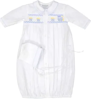 Boys Feltman Brothers White/Blue Smocked Train Gown & Cap Preemie