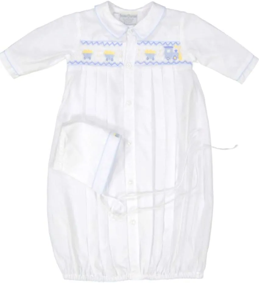 Boys Feltman Brothers White/Blue Smocked Train Gown & Cap Preemie