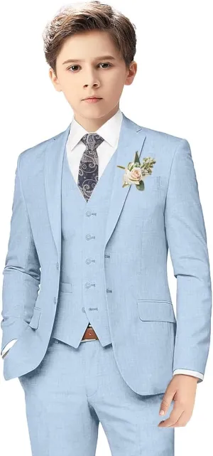 Boys Linen Suits for Kids Summer Slim Fit 3 Piece Beach Wedding Outfit Light Weight Tuxedo Linen Suit Set