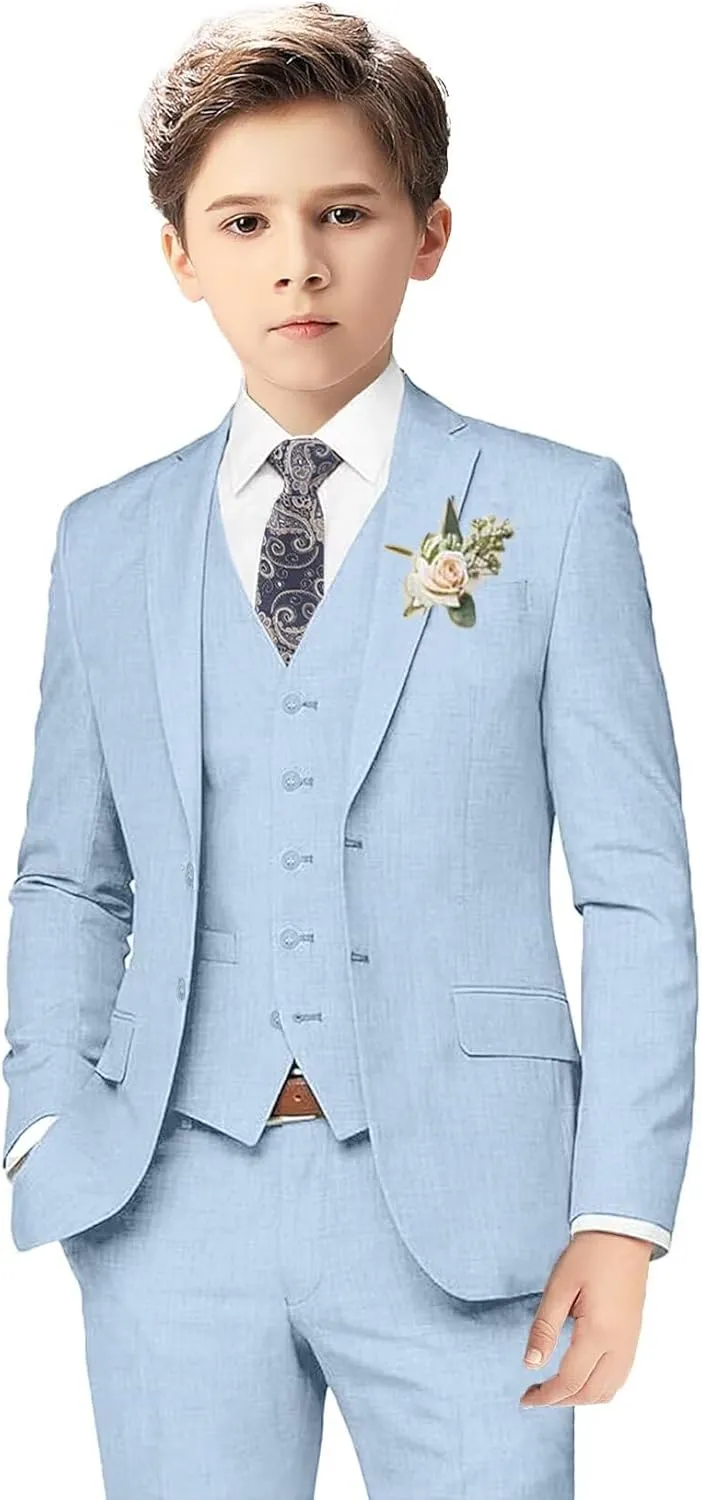 Boys Linen Suits for Kids Summer Slim Fit 3 Piece Beach Wedding Outfit Light Weight Tuxedo Linen Suit Set