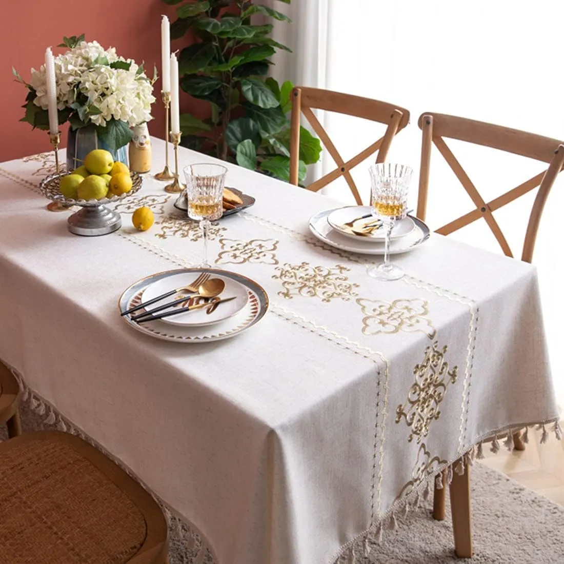 Bringsine Cotton Linen Solid Heavy Tablecloth Rectangle Table Cloth Cover for Kitchen Tabletop Buffet Deco (Oblong, 55 X 87 Inch)