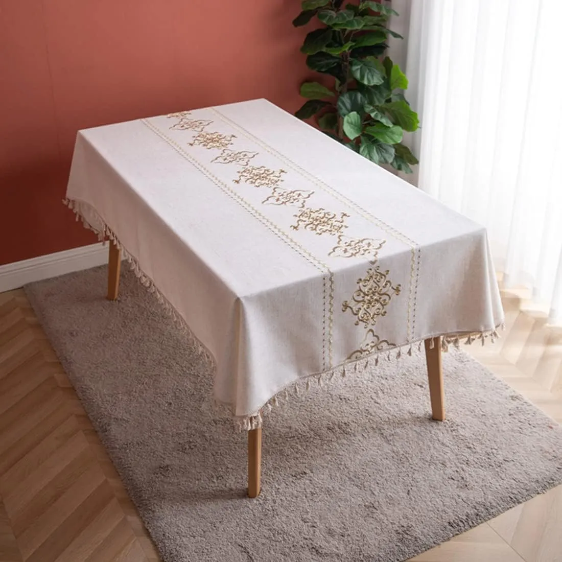 Bringsine Cotton Linen Solid Heavy Tablecloth Rectangle Table Cloth Cover for Kitchen Tabletop Buffet Deco (Oblong, 55 X 87 Inch)