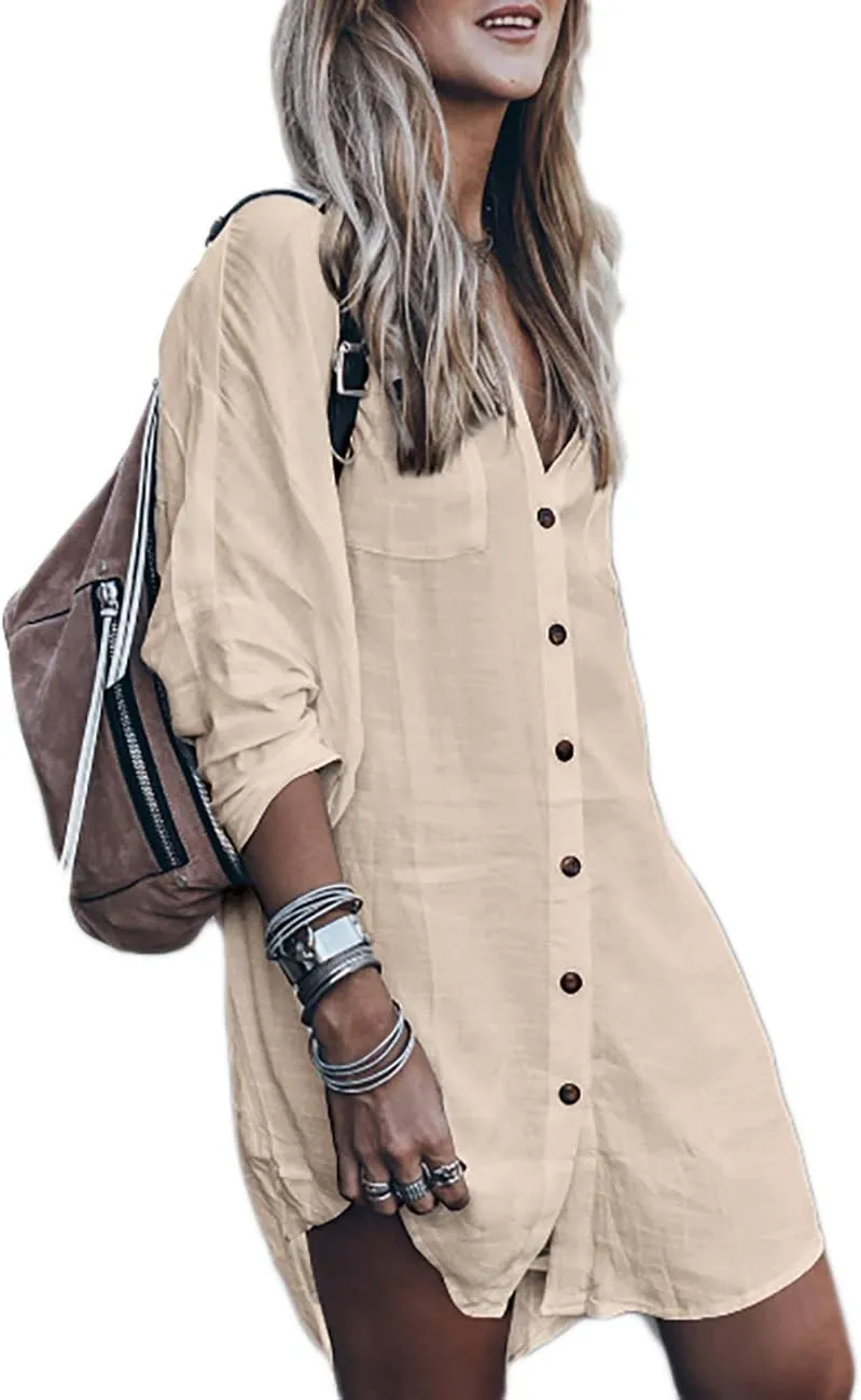 Bsubseach Womens Long Sleeve Linen Swimsuit Cover Up Button Down Beach Cover Ups Summer Swim Shirt Dresses