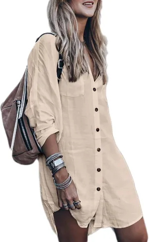 Bsubseach Womens Long Sleeve Linen Swimsuit Cover Up Button Down Beach Cover Ups Summer Swim Shirt Dresses