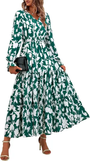 BTFBM Women Spring Dresses 2025 Casual Long Sleeve V Neck Maxi Dresses Floral Boho Long Dress Wedding Guest Dress