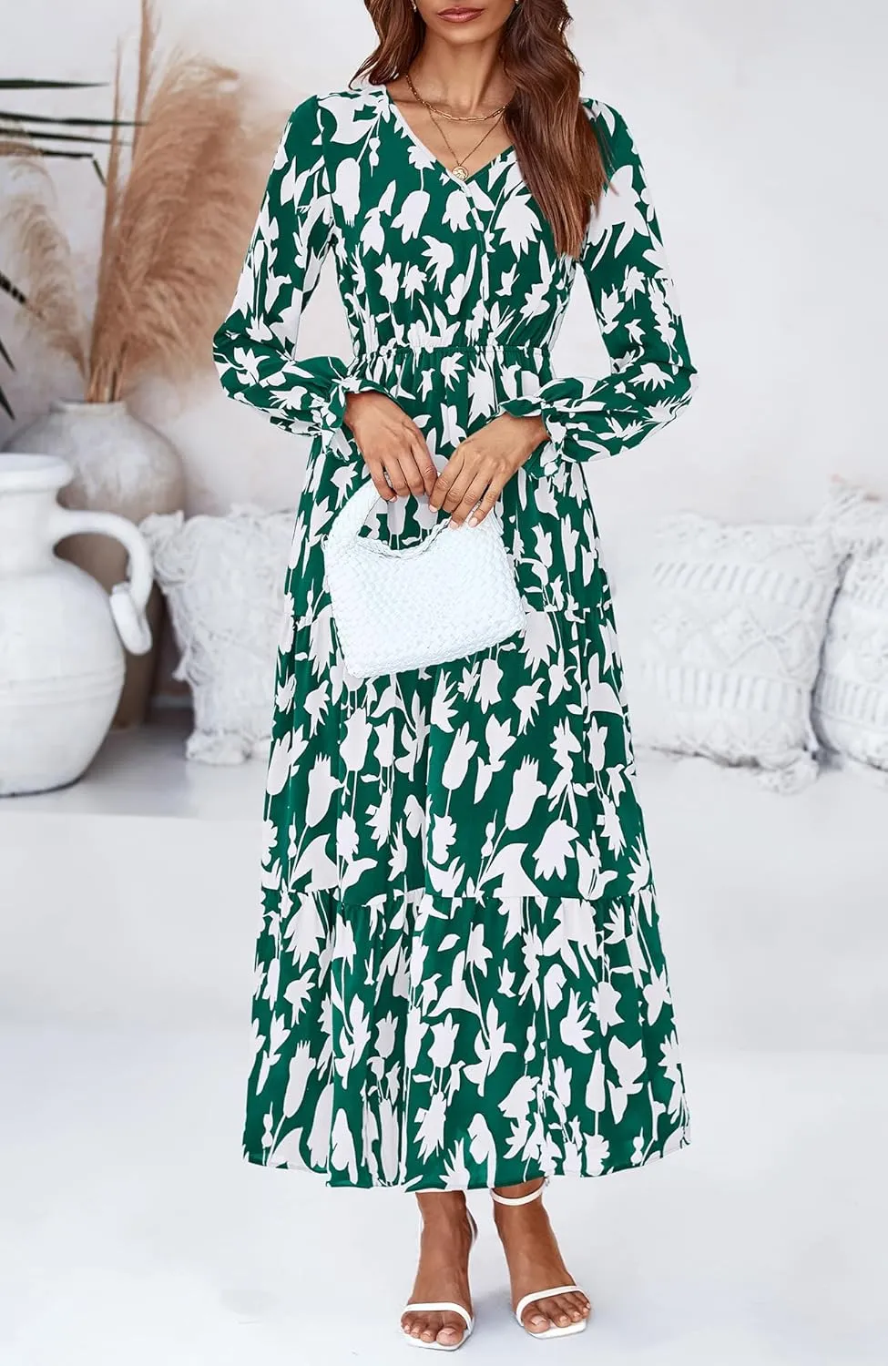 BTFBM Women Spring Dresses 2025 Casual Long Sleeve V Neck Maxi Dresses Floral Boho Long Dress Wedding Guest Dress