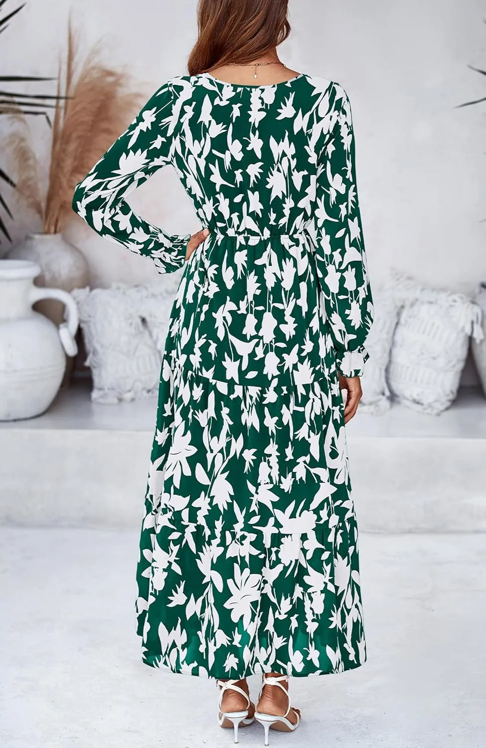 BTFBM Women Spring Dresses 2025 Casual Long Sleeve V Neck Maxi Dresses Floral Boho Long Dress Wedding Guest Dress