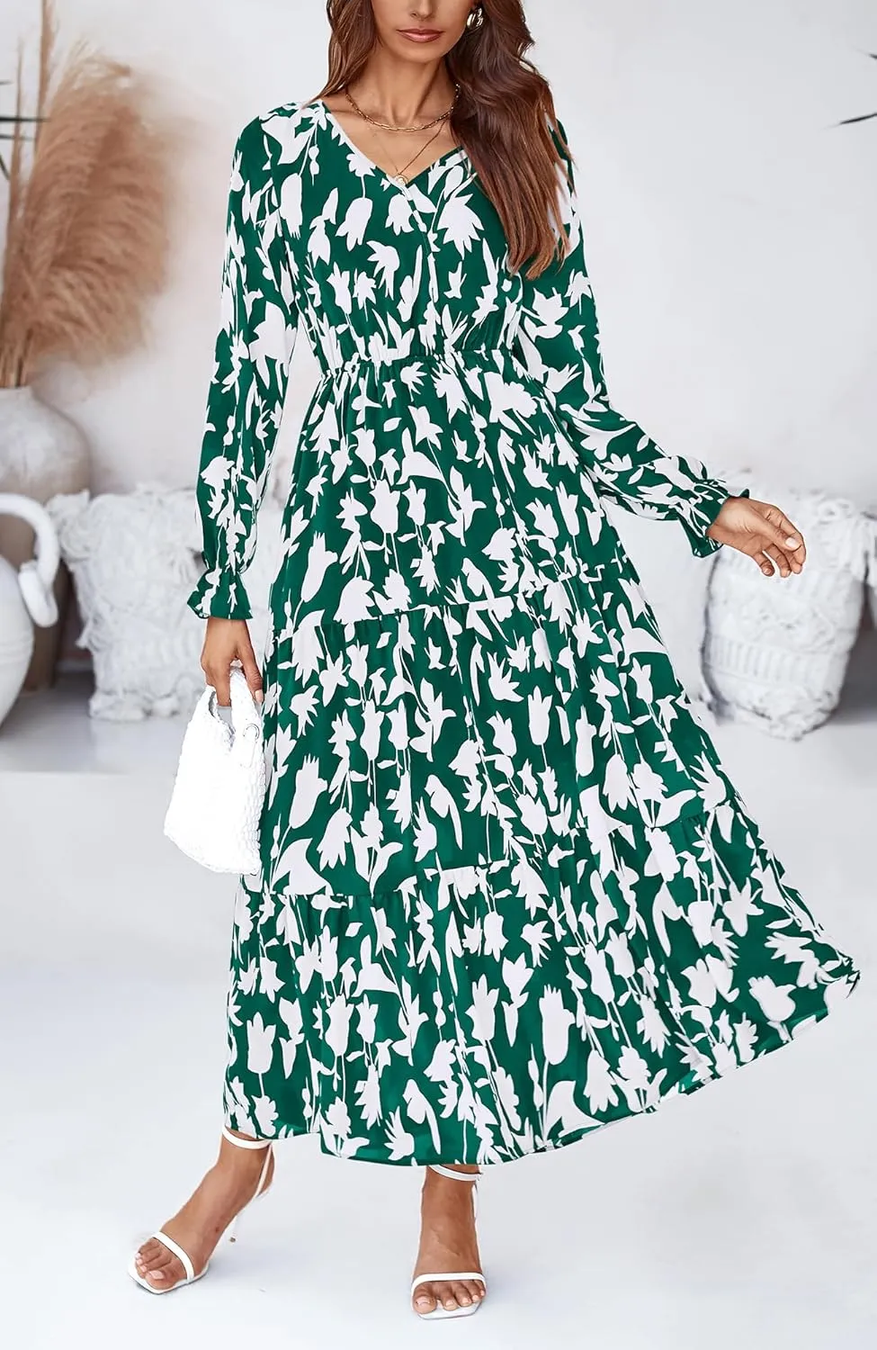 BTFBM Women Spring Dresses 2025 Casual Long Sleeve V Neck Maxi Dresses Floral Boho Long Dress Wedding Guest Dress