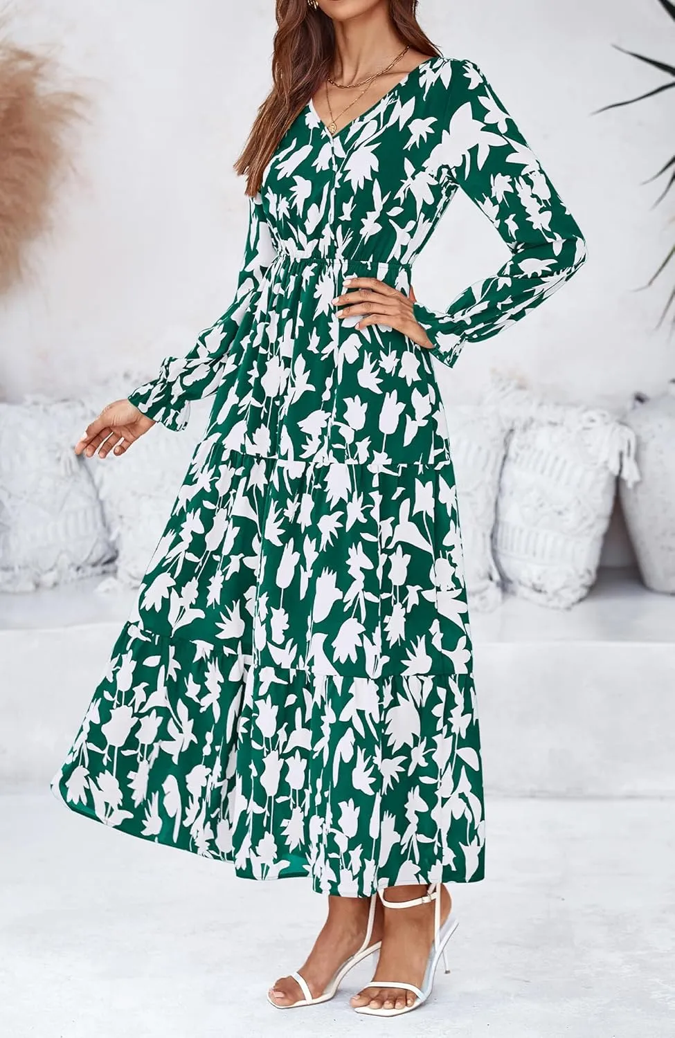 BTFBM Women Spring Dresses 2025 Casual Long Sleeve V Neck Maxi Dresses Floral Boho Long Dress Wedding Guest Dress