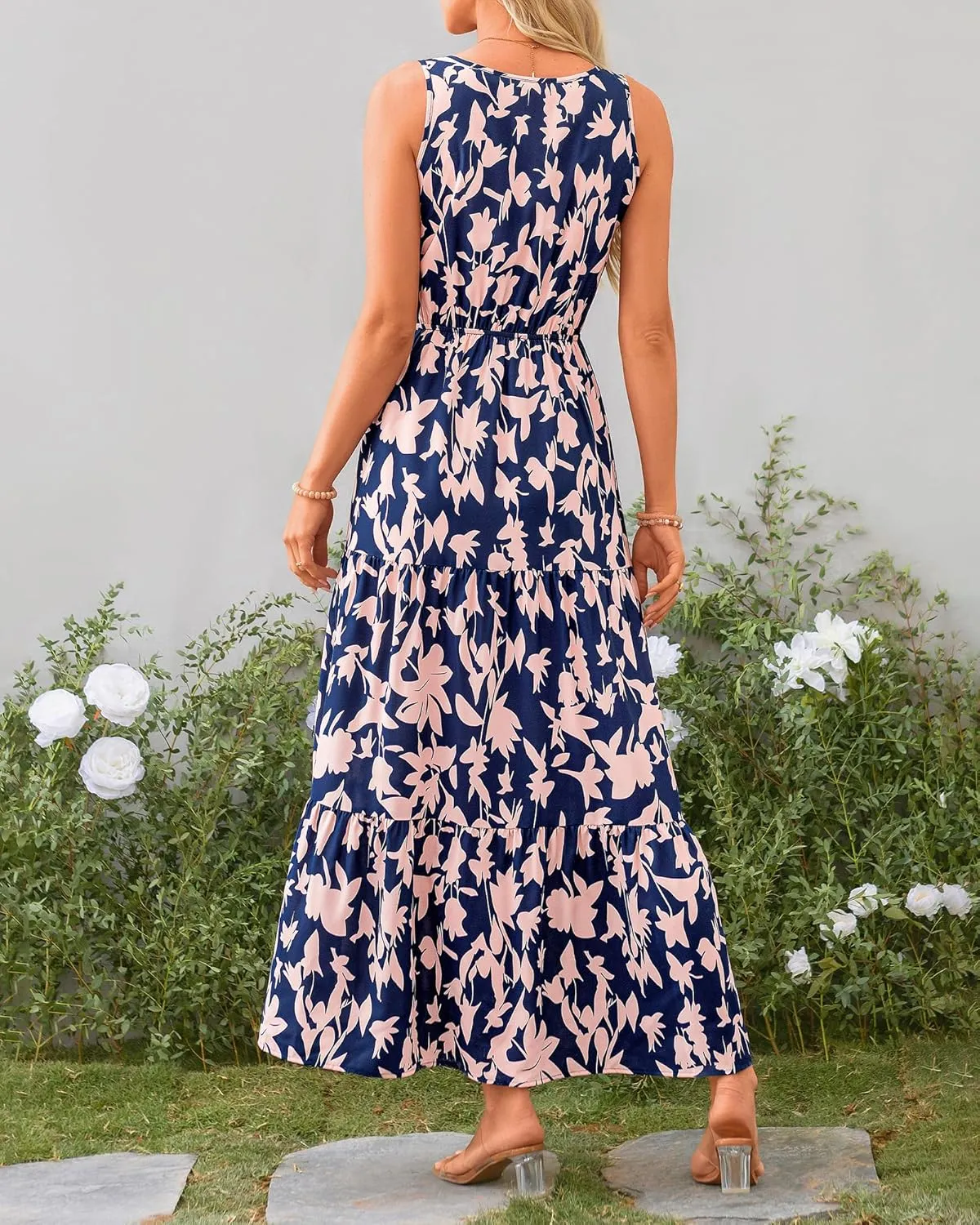 BTFBM Women Summer Dresses Casual Sleeveless Maxi Dresses Cute Floral Long Dress Wedding Guest Dress