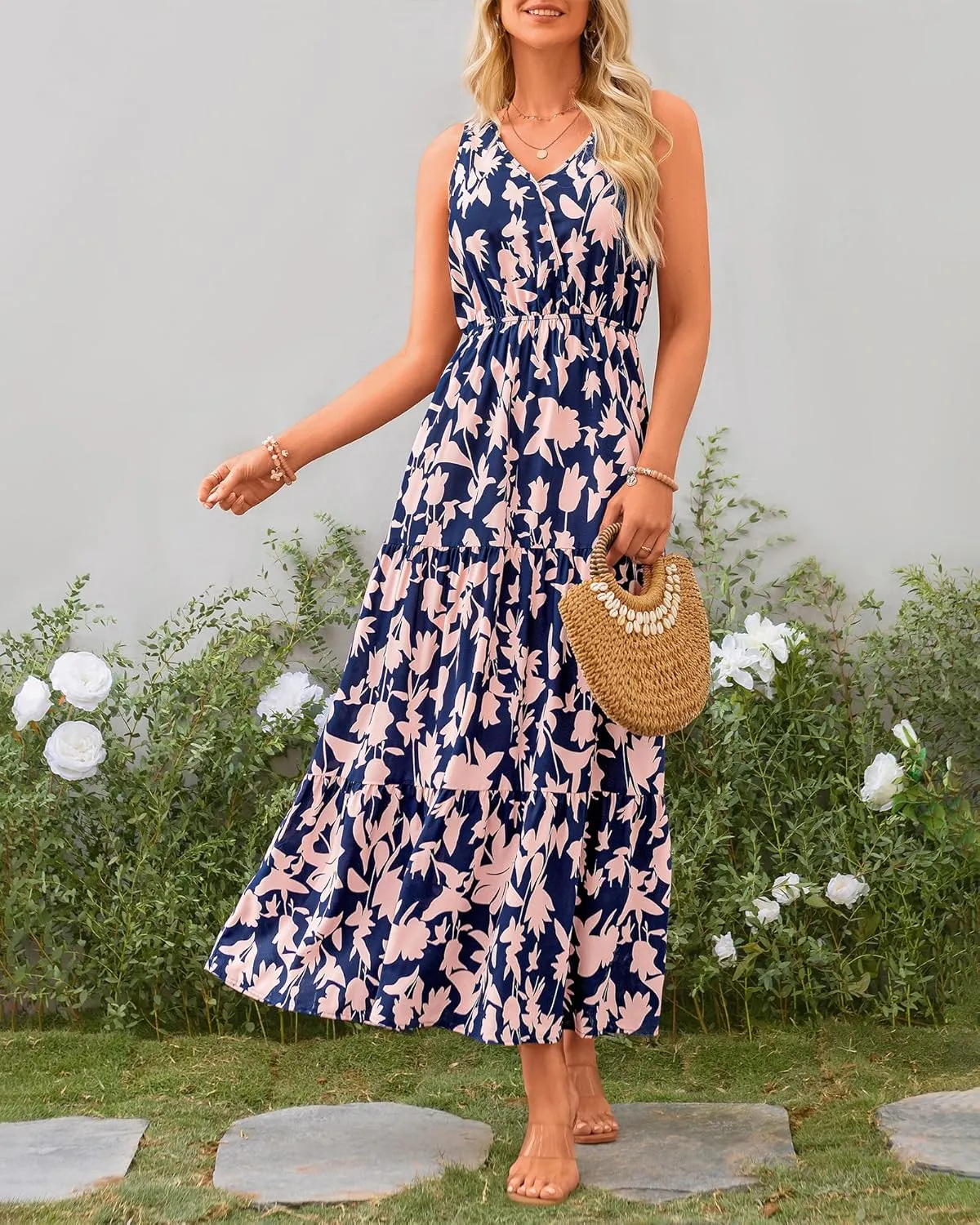 BTFBM Women Summer Dresses Casual Sleeveless Maxi Dresses Cute Floral Long Dress Wedding Guest Dress
