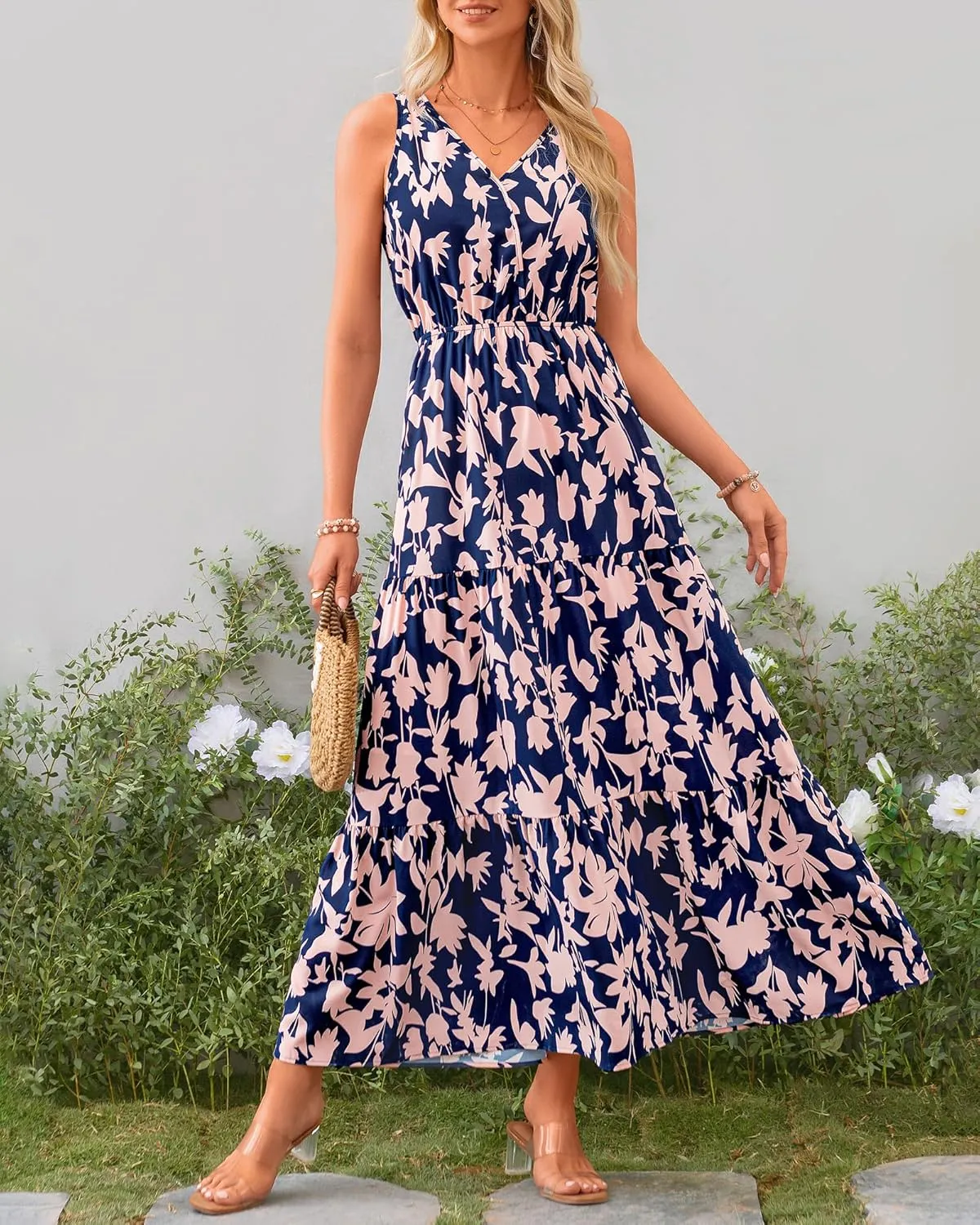 BTFBM Women Summer Dresses Casual Sleeveless Maxi Dresses Cute Floral Long Dress Wedding Guest Dress