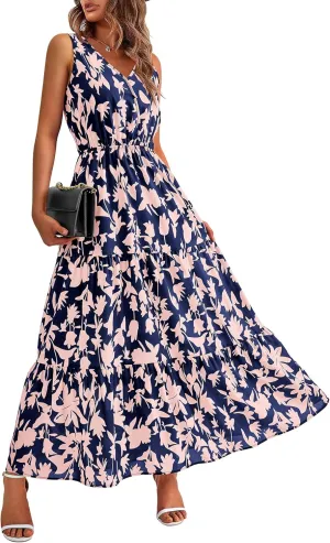 BTFBM Women Summer Dresses Casual Sleeveless Maxi Dresses Cute Floral Long Dress Wedding Guest Dress