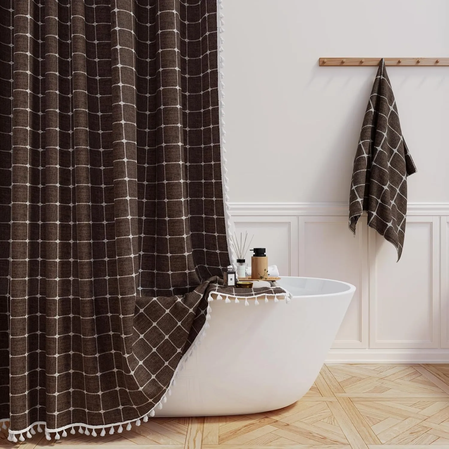 BTTN Boho Farmhouse Shower Curtain - Linen Rustic Heavy Duty Fabric Shower Curtain Set with Tassel, Water Repellent, Bohemian Vintage Country Thick Cloth Shower Curtains for Bathroom - Brown - 72x72