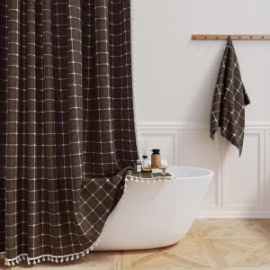 BTTN Boho Farmhouse Shower Curtain - Linen Rustic Heavy Duty Fabric Shower Curtain Set with Tassel, Water Repellent, Bohemian Vintage Country Thick Cloth Shower Curtains for Bathroom - Brown - 72x72