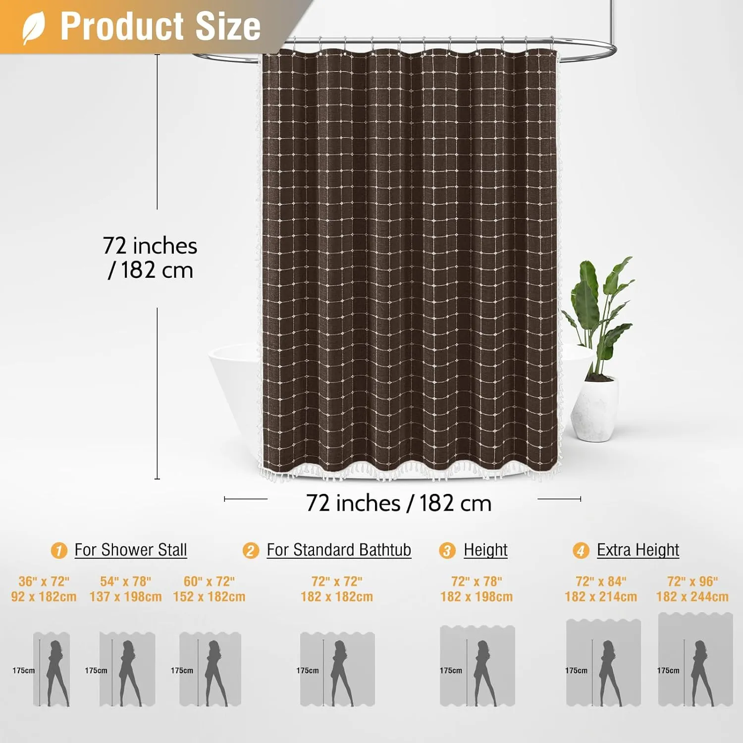 BTTN Boho Farmhouse Shower Curtain - Linen Rustic Heavy Duty Fabric Shower Curtain Set with Tassel, Water Repellent, Bohemian Vintage Country Thick Cloth Shower Curtains for Bathroom - Brown - 72x72
