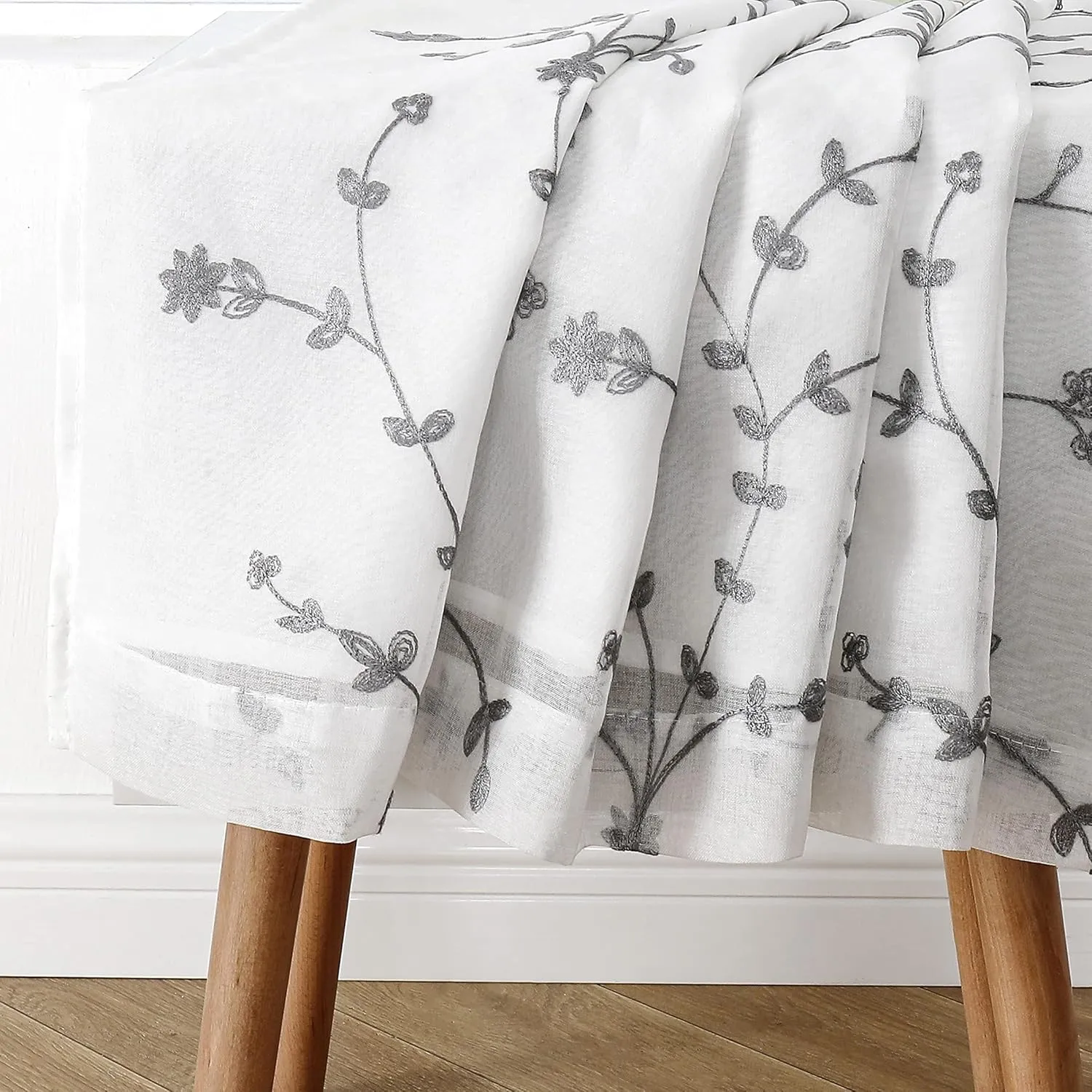 Bujasso White Gray Floral Semi Sheer Curtains 96 inch Embroidered Leaf Botanical Window Curtains Double Layer Privacy Farmhouse White Drapes for Living Room Bedroom Grommet Top W38 xL96 Set of 2