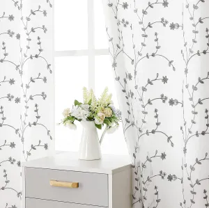 Bujasso White Gray Floral Semi Sheer Curtains 96 inch Embroidered Leaf Botanical Window Curtains Double Layer Privacy Farmhouse White Drapes for Living Room Bedroom Grommet Top W38 xL96 Set of 2