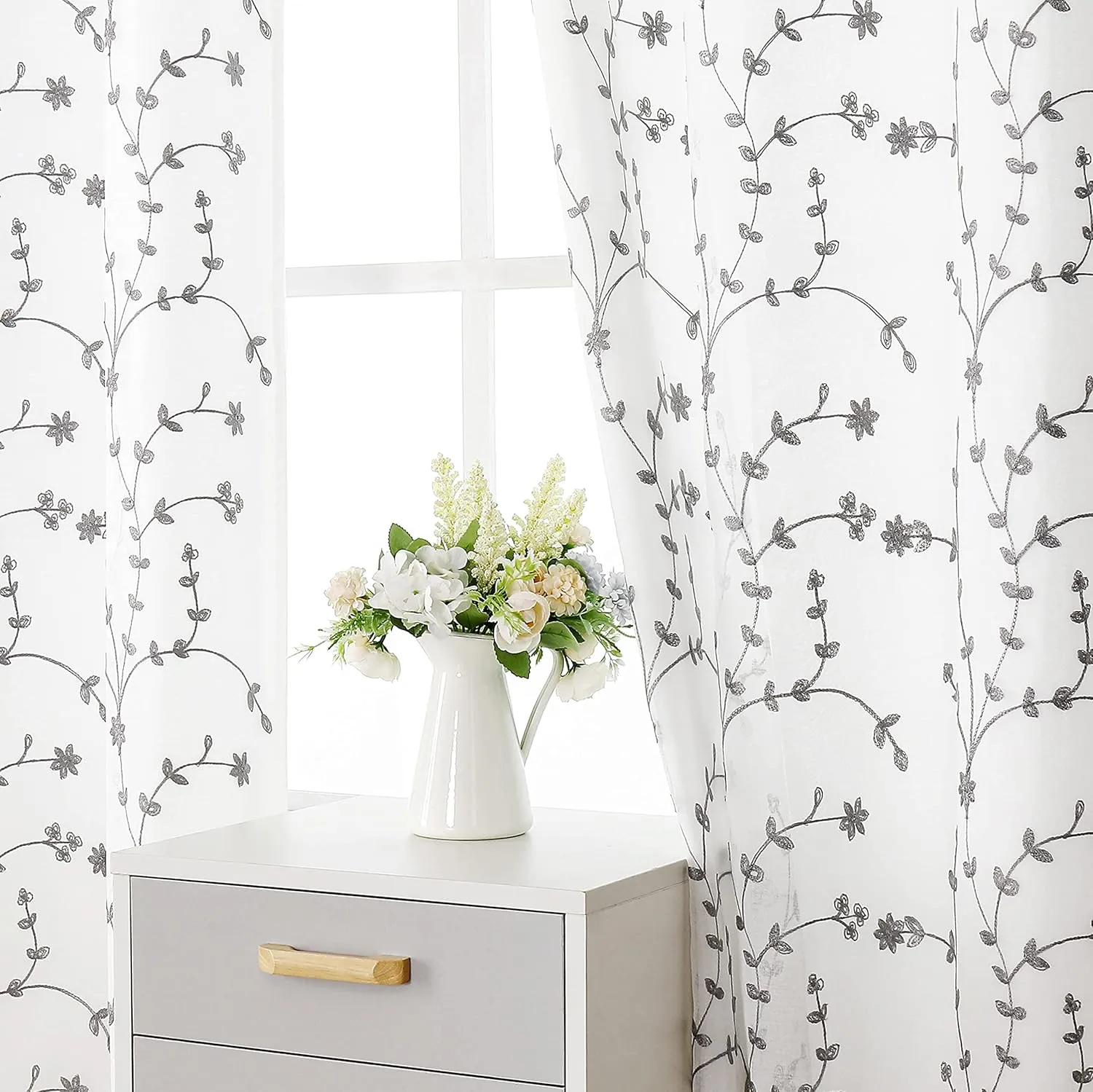 Bujasso White Gray Floral Semi Sheer Curtains 96 inch Embroidered Leaf Botanical Window Curtains Double Layer Privacy Farmhouse White Drapes for Living Room Bedroom Grommet Top W38 xL96 Set of 2