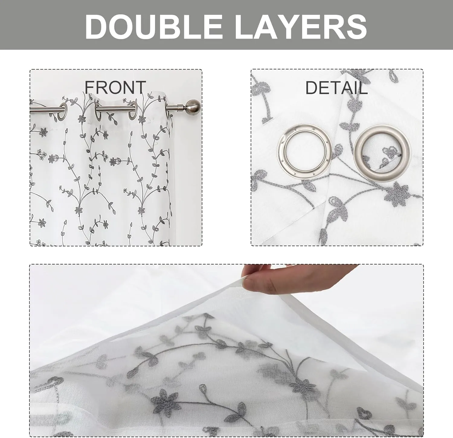 Bujasso White Gray Floral Semi Sheer Curtains 96 inch Embroidered Leaf Botanical Window Curtains Double Layer Privacy Farmhouse White Drapes for Living Room Bedroom Grommet Top W38 xL96 Set of 2