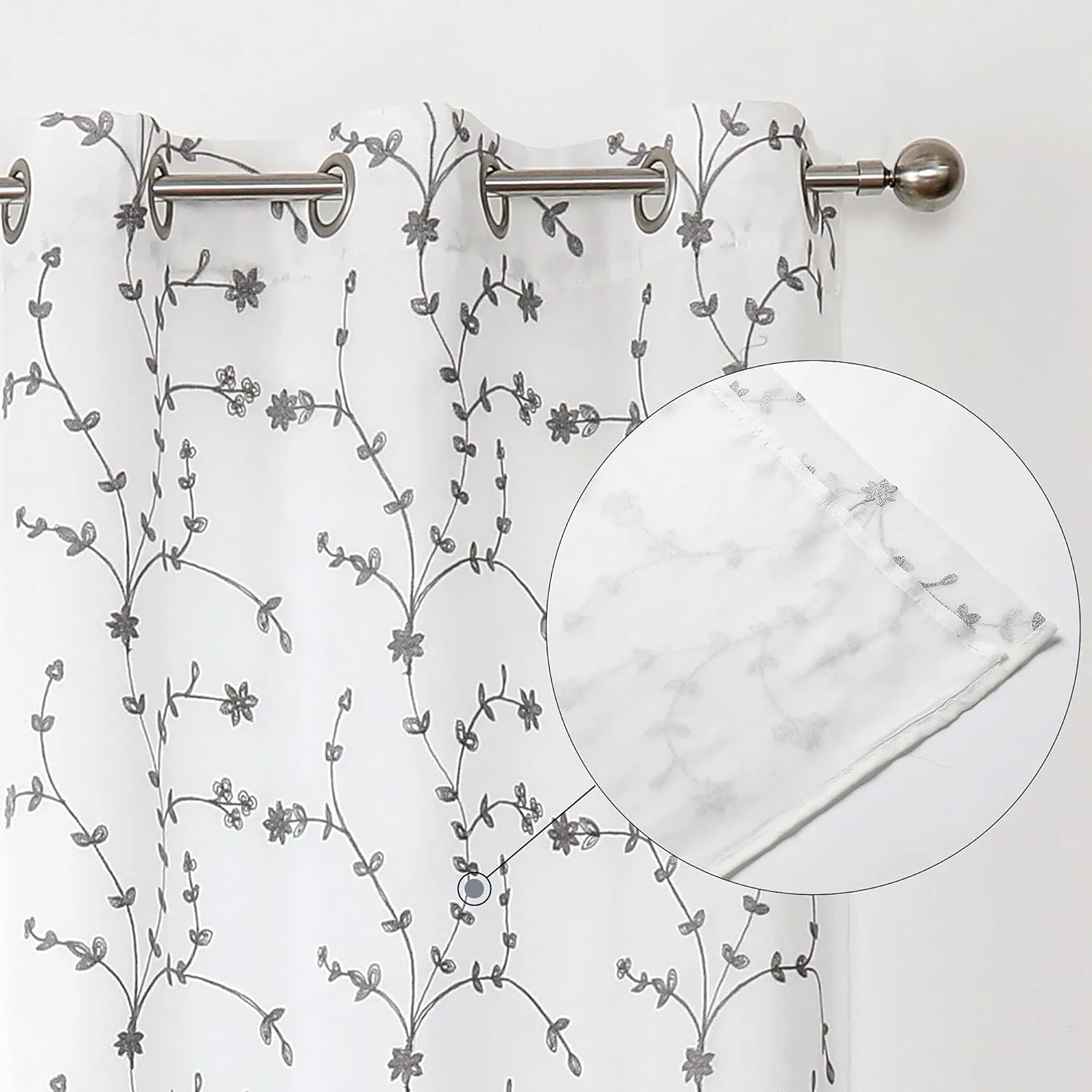 Bujasso White Gray Floral Semi Sheer Curtains 96 inch Embroidered Leaf Botanical Window Curtains Double Layer Privacy Farmhouse White Drapes for Living Room Bedroom Grommet Top W38 xL96 Set of 2