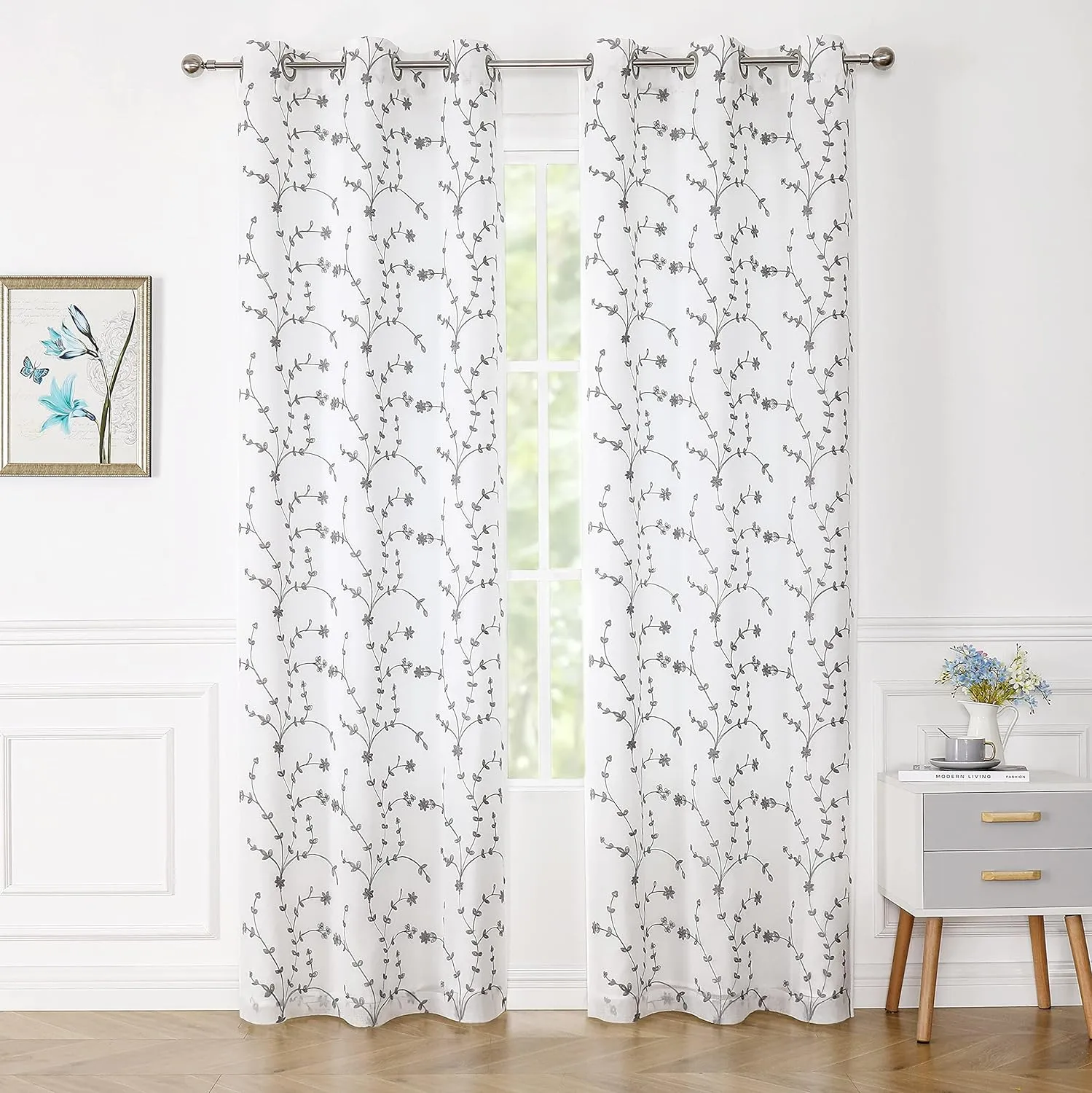 Bujasso White Gray Floral Semi Sheer Curtains 96 inch Embroidered Leaf Botanical Window Curtains Double Layer Privacy Farmhouse White Drapes for Living Room Bedroom Grommet Top W38 xL96 Set of 2