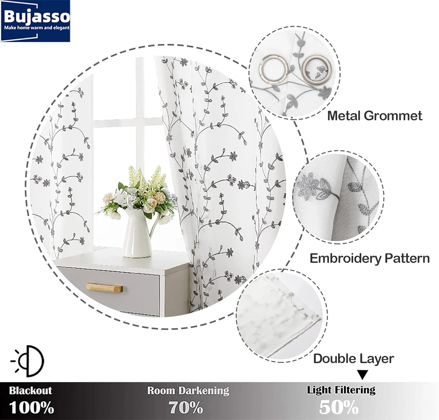 Bujasso White Gray Floral Semi Sheer Curtains 96 inch Embroidered Leaf Botanical Window Curtains Double Layer Privacy Farmhouse White Drapes for Living Room Bedroom Grommet Top W38 xL96 Set of 2