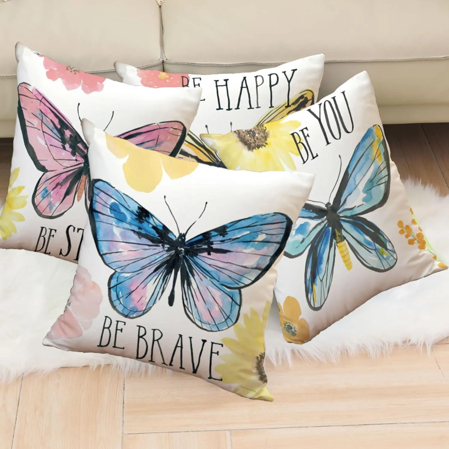 Butterfly Decorative Throw Pillow Cover Set of 4, Cushion Cover Two Sides Print Decorative Square Pillowcases Linen Cushion Cover 20 X 20 Inch 4 Pack