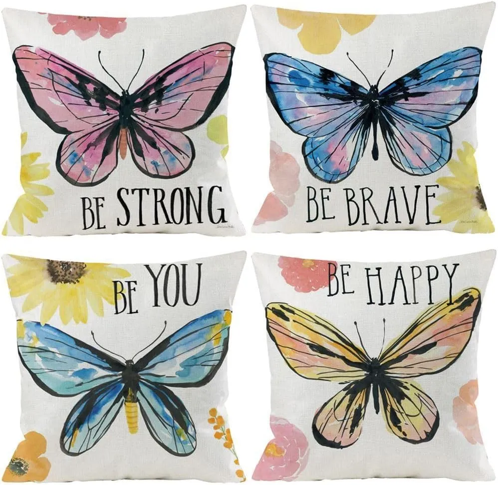 Butterfly Decorative Throw Pillow Cover Set of 4, Cushion Cover Two Sides Print Decorative Square Pillowcases Linen Cushion Cover 20 X 20 Inch 4 Pack