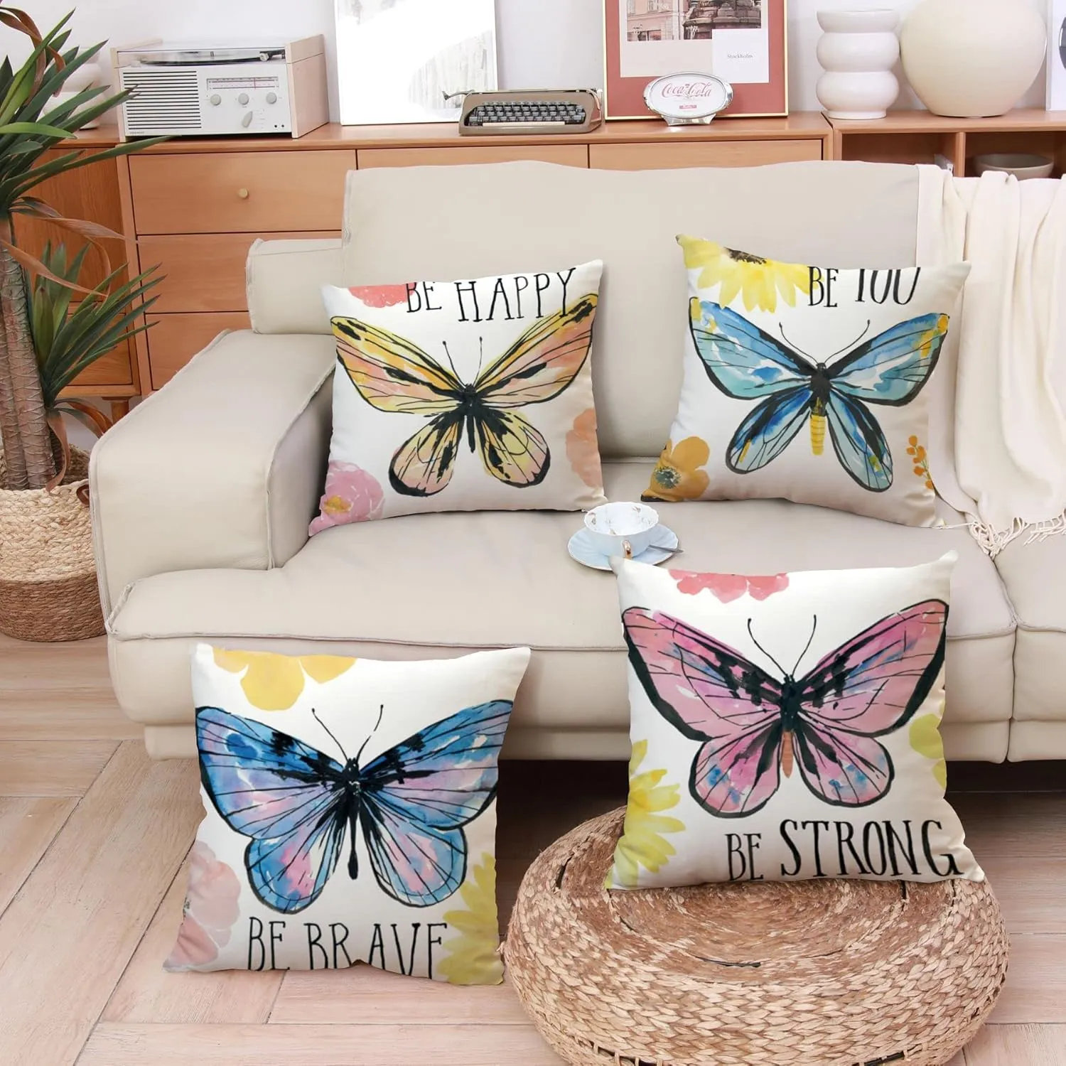 Butterfly Decorative Throw Pillow Cover Set of 4, Cushion Cover Two Sides Print Decorative Square Pillowcases Linen Cushion Cover 20 X 20 Inch 4 Pack